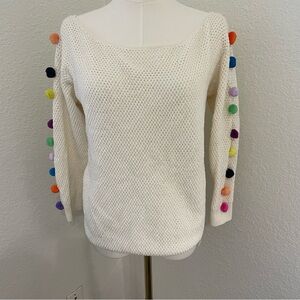 Anthropologie Cream Sweater with Colorful Pom-Poms